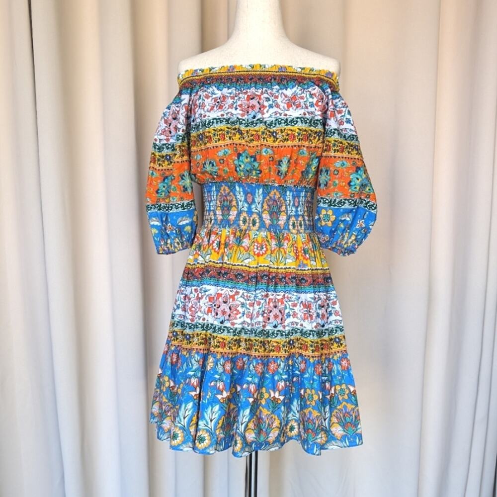 Shoshanna Solstice Cotton Off-Shoulder Multicolor Mini Dress, size XS